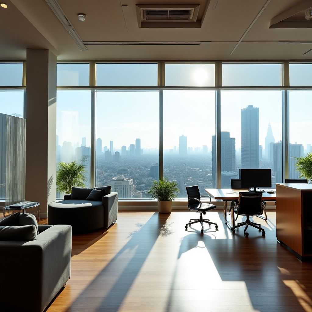 Oficina moderna con vista a la ciudad